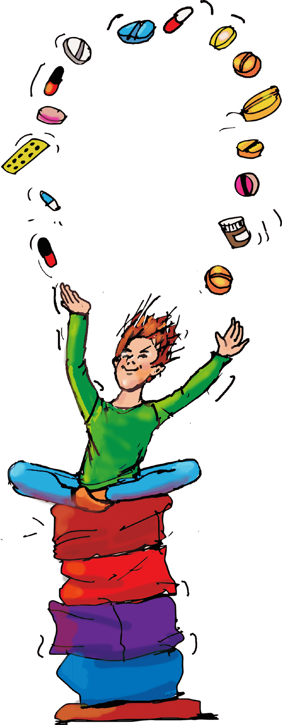 Meditating boy juggles pills